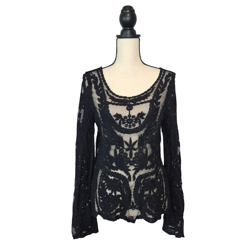 Soho Girls Black Sheer Lace Blouse Boho Floral Embroidered Flared Long Sleeve OS